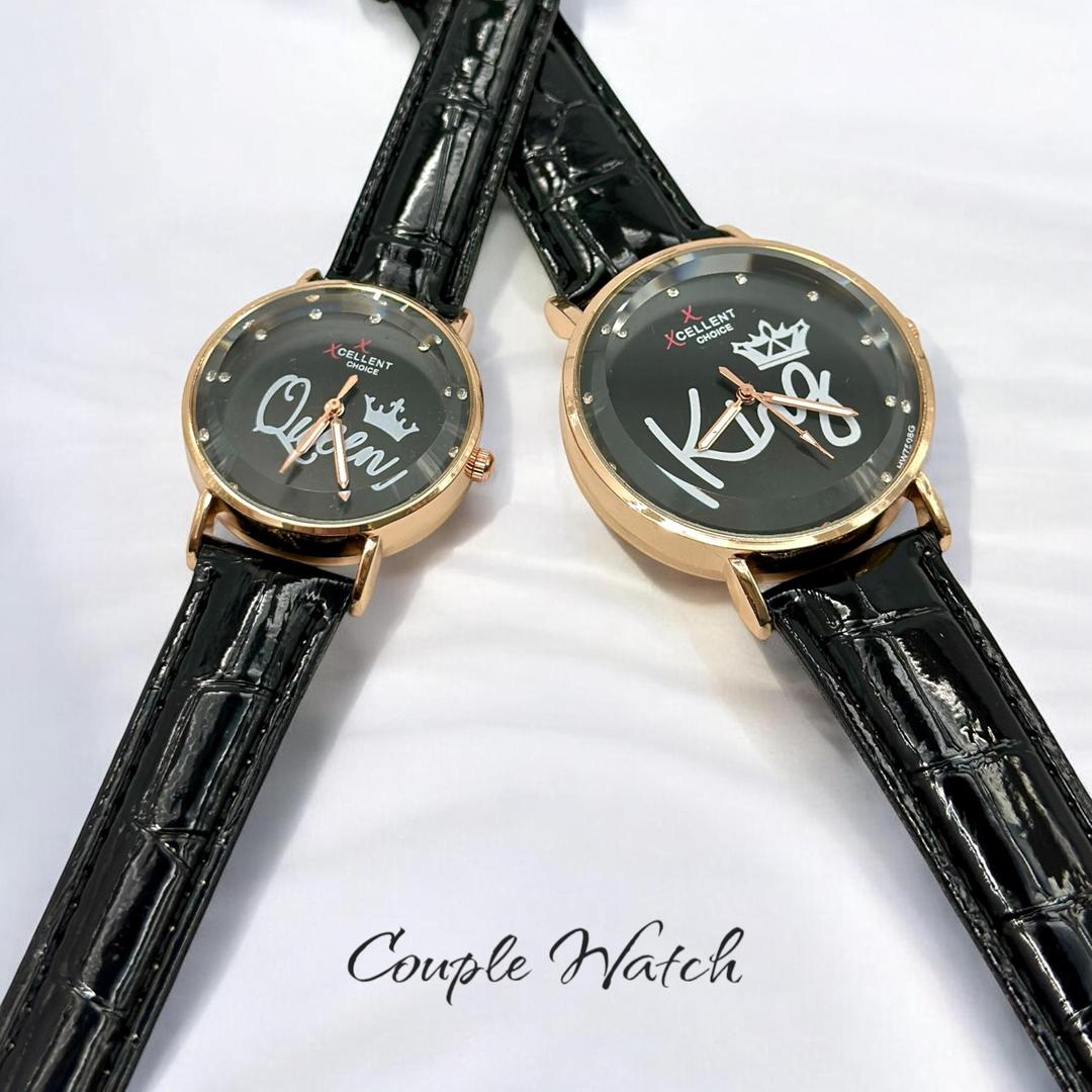 Stylish Unisex Analogue Couple Watches - 2 Pcs in Textured Black Leather.