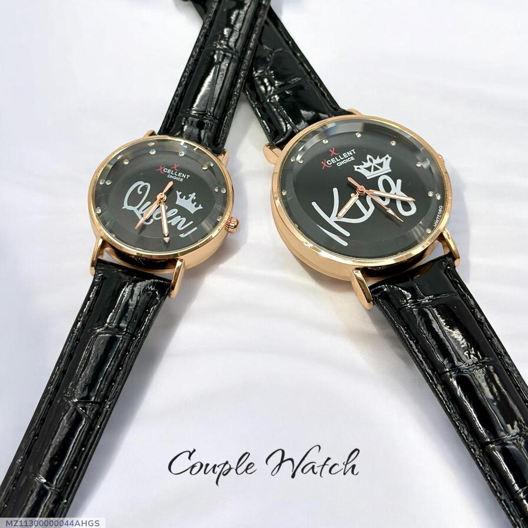 Stylish Unisex Analogue Couple Watches - 2 Pcs in Textured Black Leather.