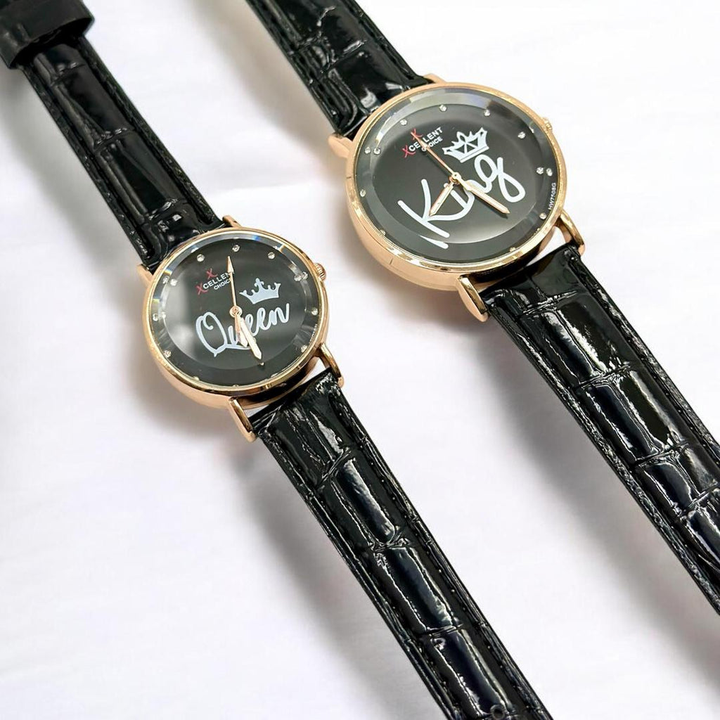 Stylish Unisex Analogue Couple Watches - 2 Pcs in Textured Black Leather.